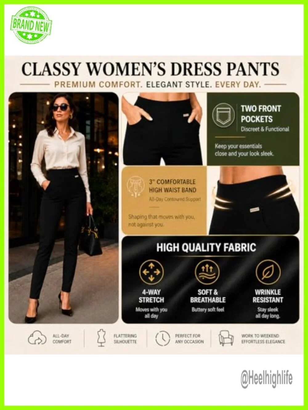 4-Way Stretch Knit Dress Pants Pull On High Waist Skinny Work Pants